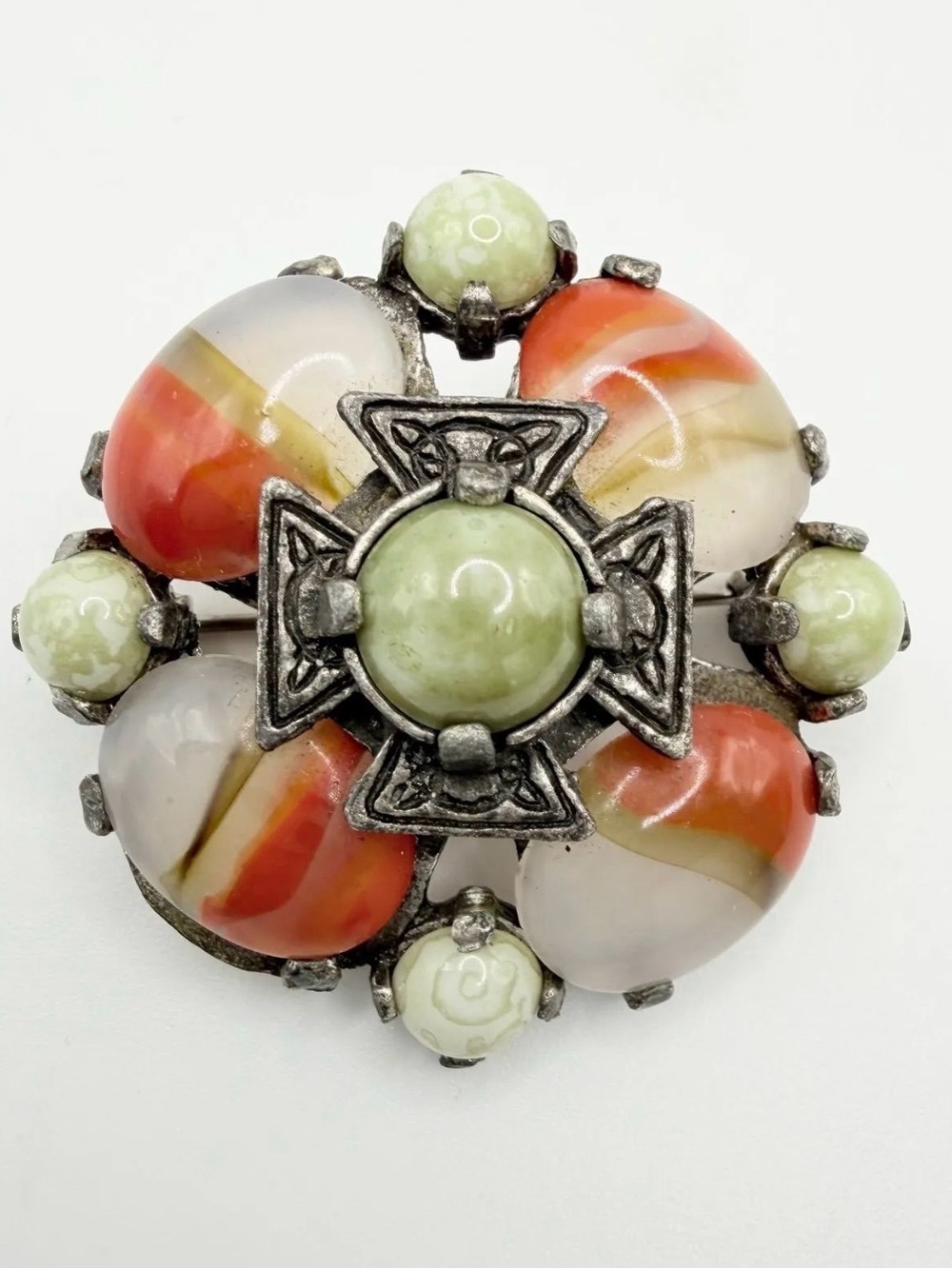 Vintage Signed MIRACLE Scottish Celtic Cross Brooch Faux Banded Agate Glass